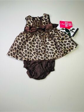 NWT Rosenau 3 Months Baby Leopard Print Dress with Brown Bow & Matching Bloomers